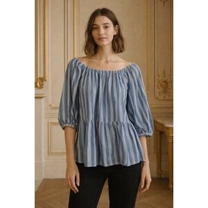 Old Navy Blue White Stripe Off Shoulder Peplum Top Puff Sleeve Size L